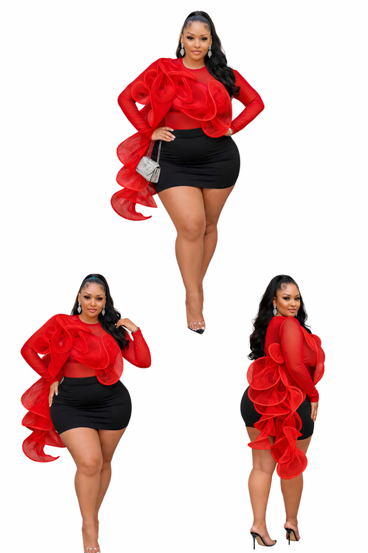 Red Mesh One Arm Ruffle Sleeve