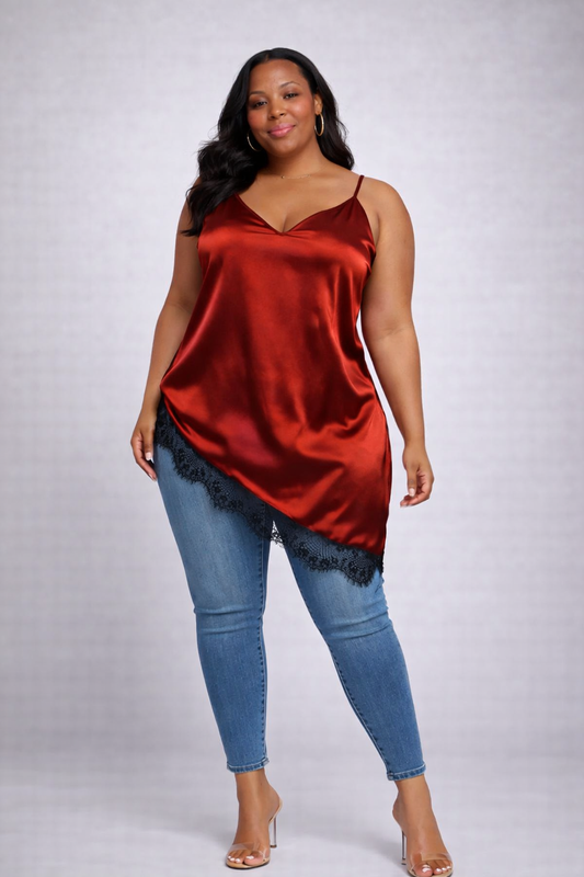 Rust Asymmetrical Lace Trim Top